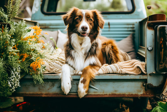 dog lying on a vintage truck bed
