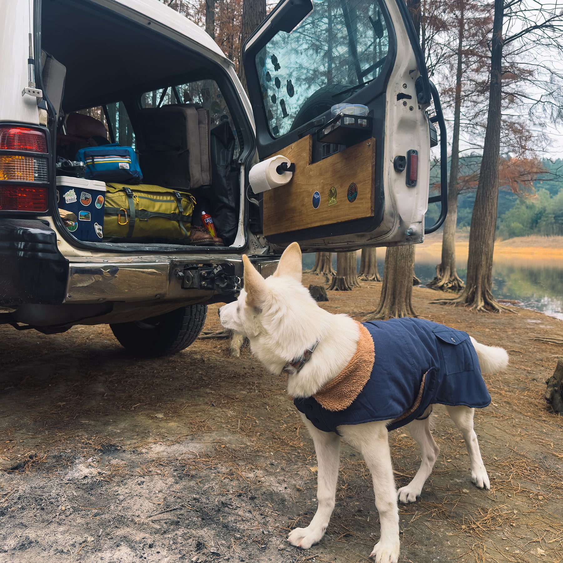 Comfortable fleece-lined dog coat for medium and large dogs, featuring navy blue fabric and functional pockets for style and utility.