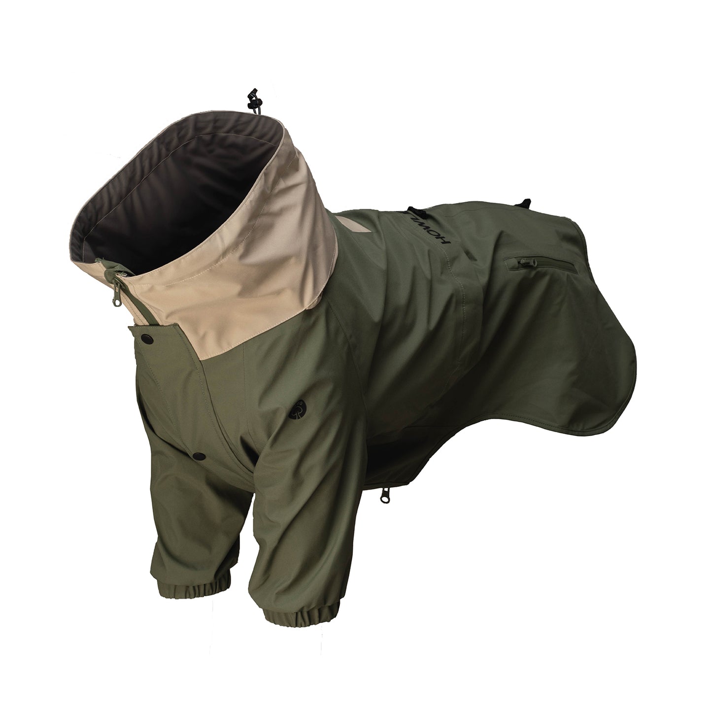 A 45-degree angled view of a windproof and lightweight dog rain jacket with legs, providing full coverage and freedom of movement.