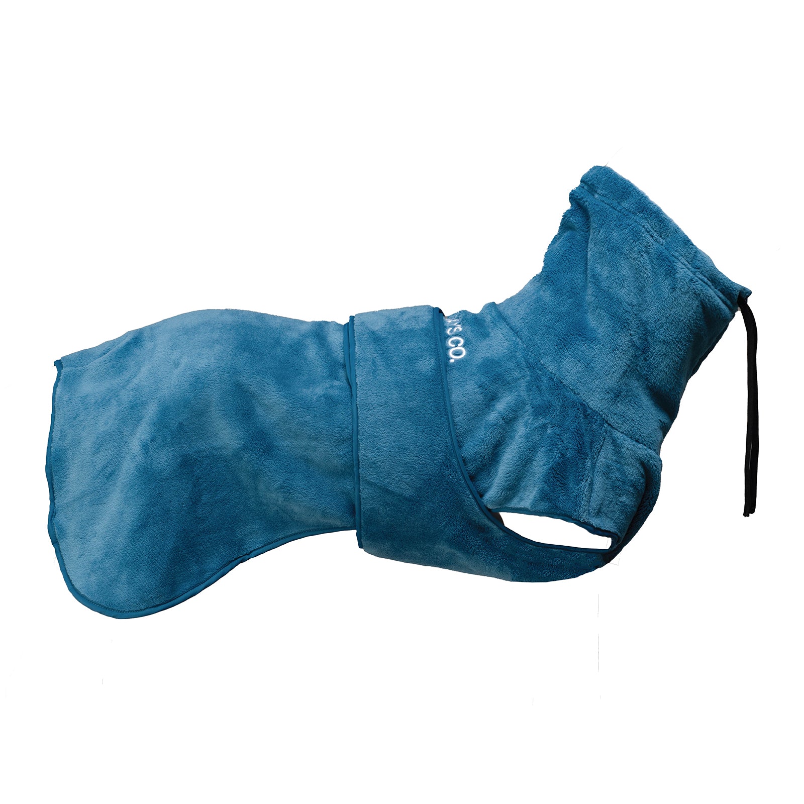 Side profile view of an insulated winter dog jacket in blue, designed for cold-weather adventures with a soft and breathable fleece interior.