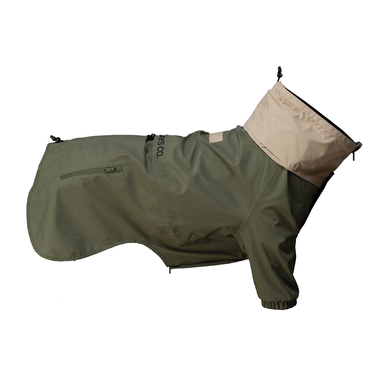 ide profile view of an all-weather waterproof dog raincoat in green, designed with a full-body fit for outdoor adventures and rain protection.